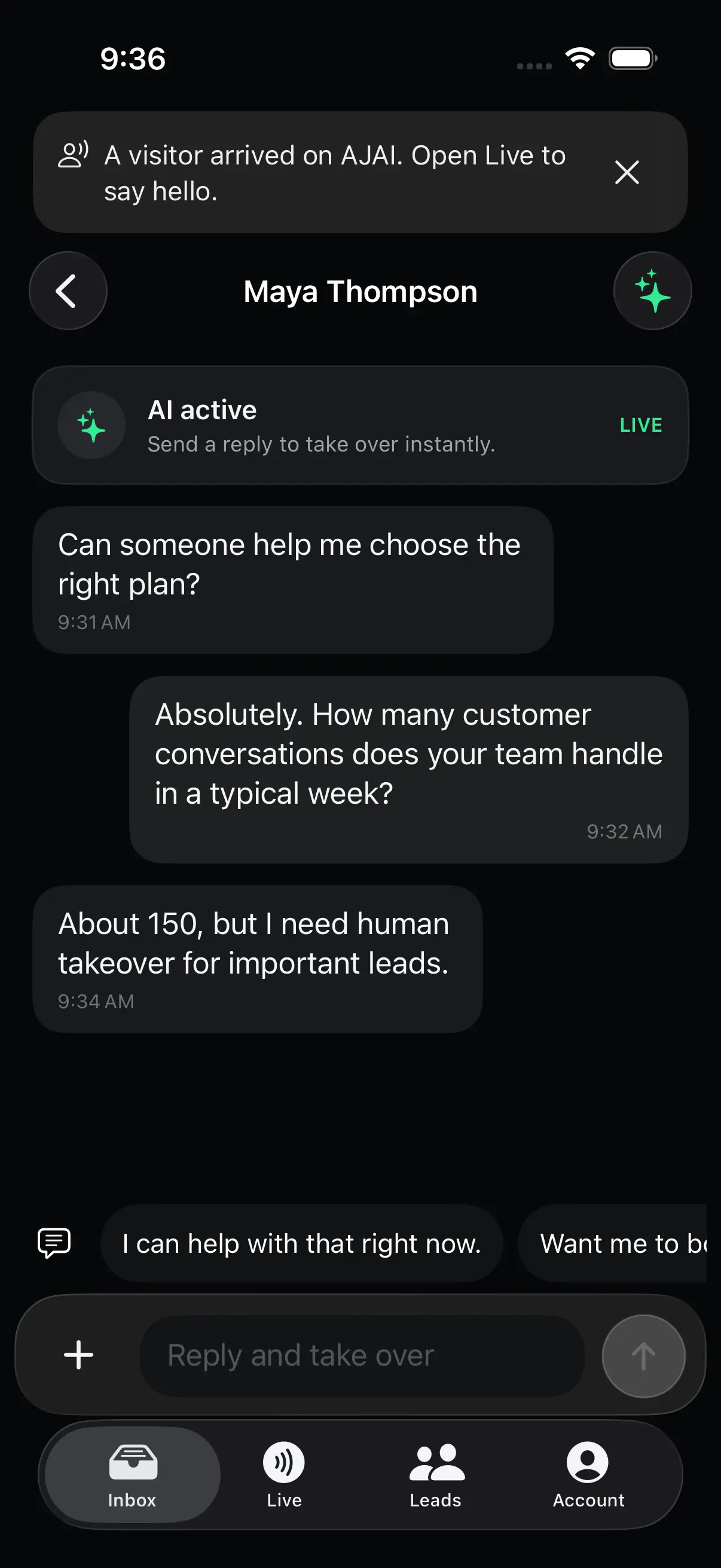 Actual Engage iPhone conversation with customer context and the Reply and take over composer