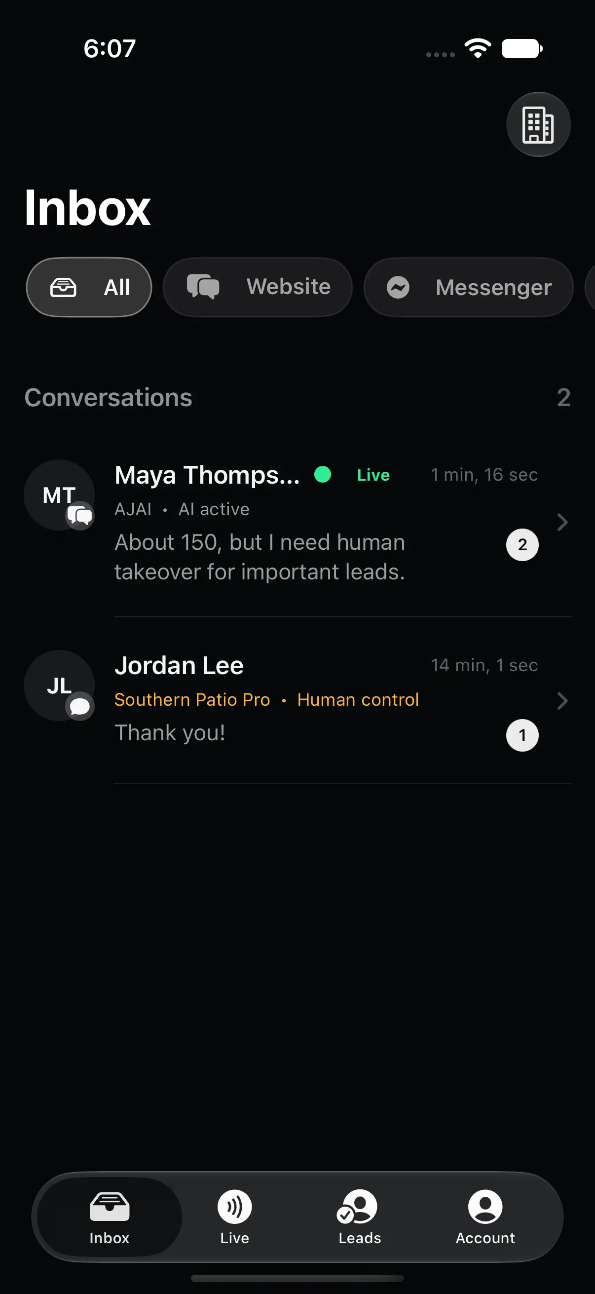 Engage for iPhone: channel filters, live conversations, and human control in the native inbox
