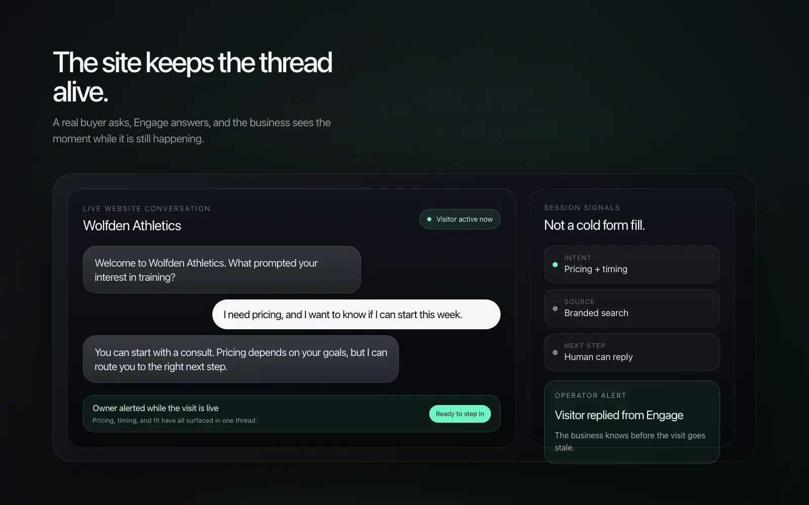 Engage website conversation showing a customer's question and a business response
