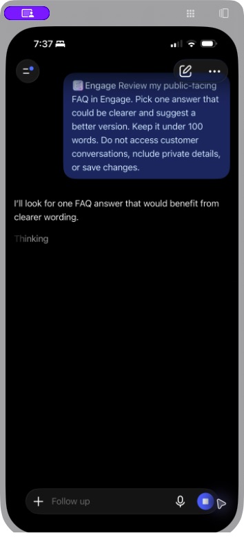 ChatGPT iPhone app: Engage is asked to review a public FAQ and suggest clearer wording without saving changes